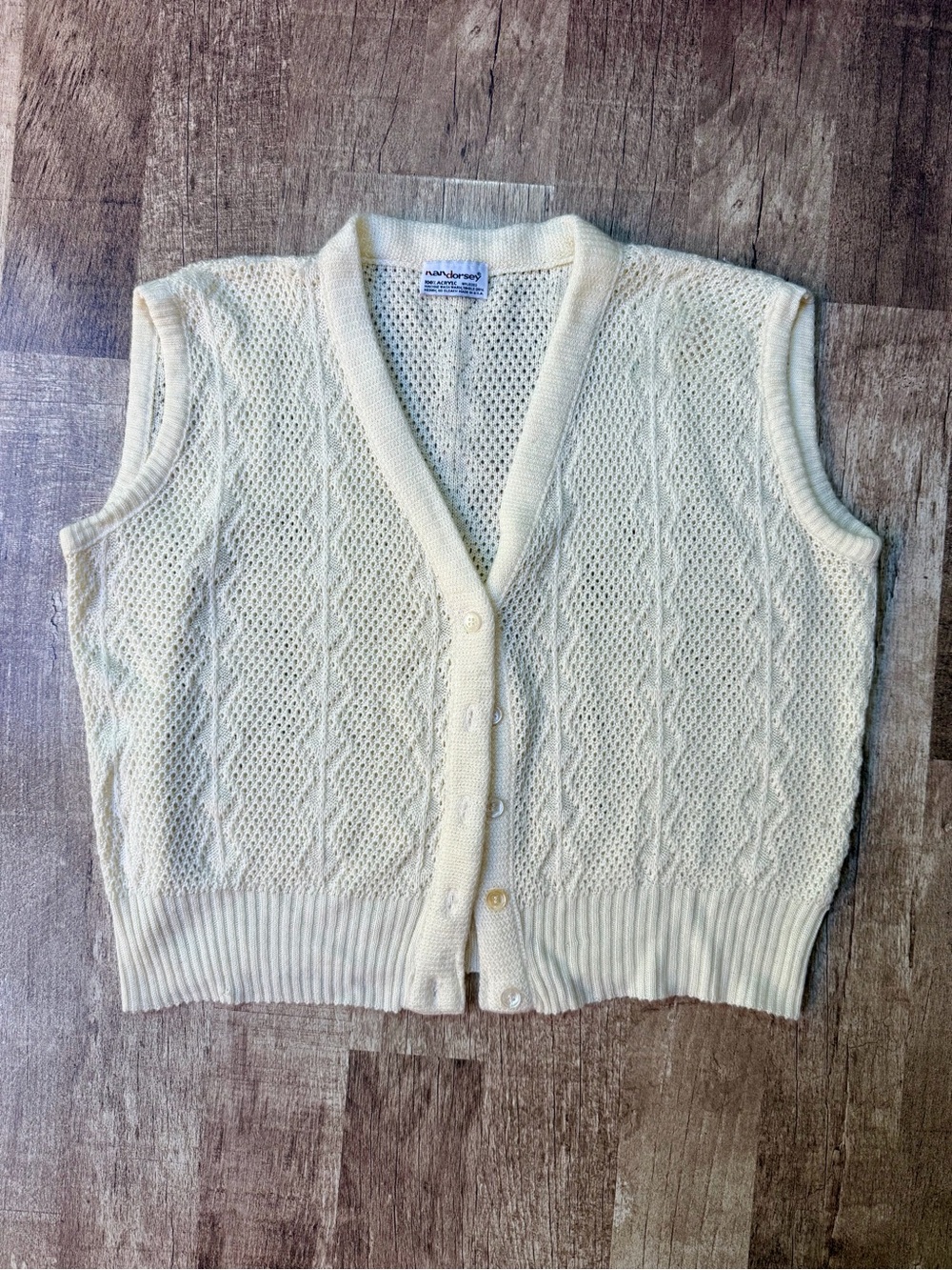 Vintage Nan Dorsey Cream Crochet Open Knit Button Front Sweater Vest Cream